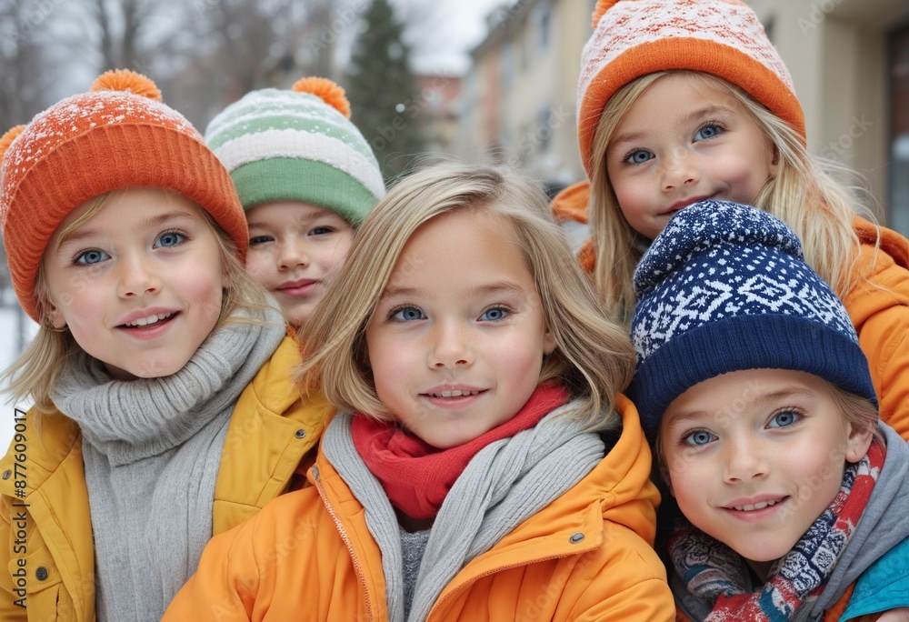 Group of carefree, big, and beautiful caucasian children wearing warm color clothing pose for a cheerful illustration Group of carefree, big, and beautiful caucasian children wearing warm color clothing pose for a cheerful illustration