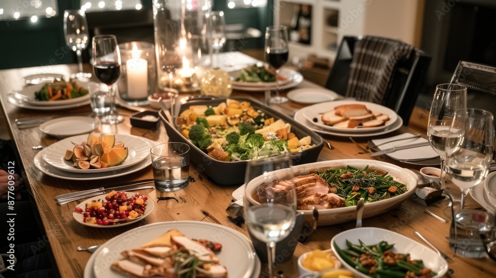 Fototapeta premium A table set for lunch outdoors with grilled meat salad, cucumbers, and other dishes, surrounded by lush greenery