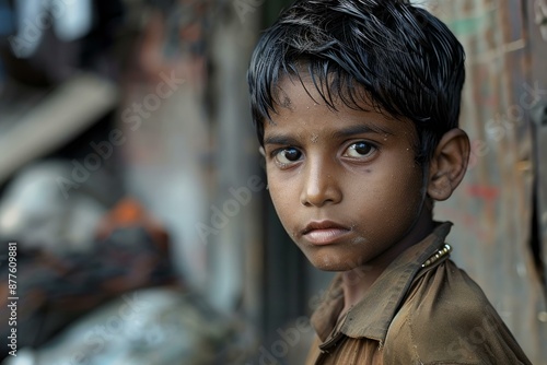 Portrait of a young boy with a serious expression standing in a slum photo