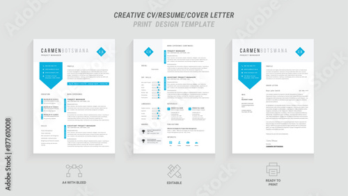 Professional Resume and Cover Letter Template Set, Clean Minimalist Design with Turquoise and Blue Border, Perfect for Job Applications and Portfolios, Includes Resume Layout and Letterhead Design