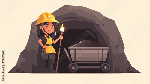 An asian confident coal miner. A female miner in hard