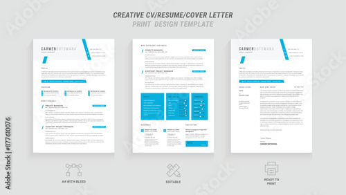 Professional Resume and Cover Letter Template Set, Clean Minimalist Design with Turquoise and Blue Border, Perfect for Job Applications and Portfolios, Includes Resume Layout and Letterhead Design
