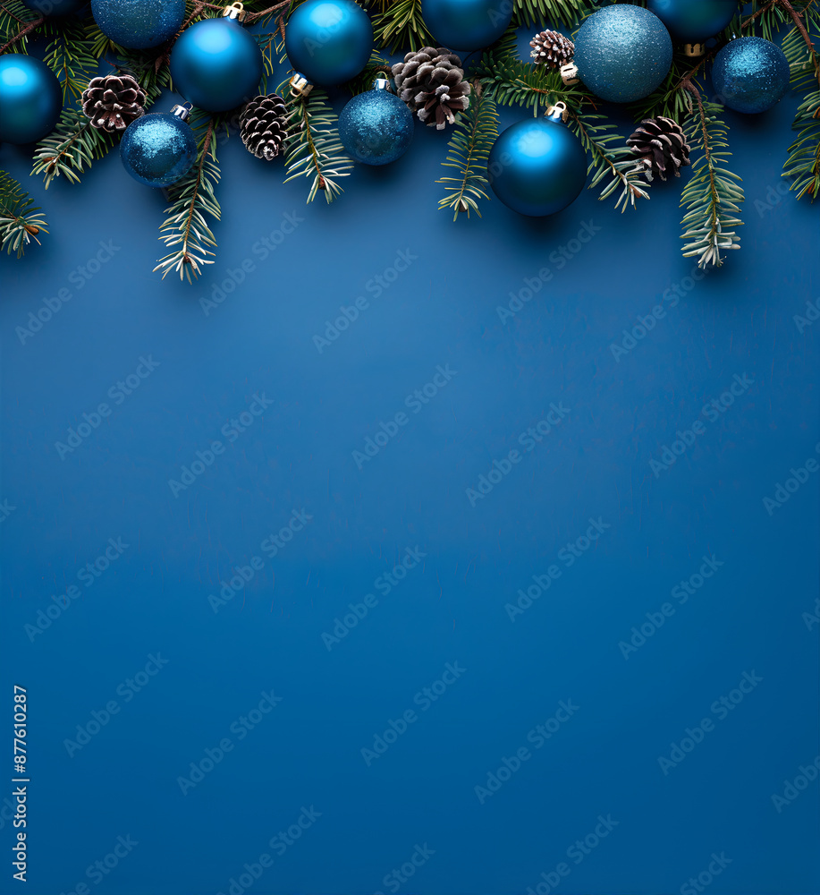 Festive Christmas decorations on dark blue background. Christmas greeting card template, Happy New Year banner mockup with copy space. Christmas balls and fir branches with space for text. Top view. Festive Christmas decorations on dark blue background. Christmas greeting card template, Happy New Year banner mockup with copy space. Christmas balls and fir branches with space for text. Top view.