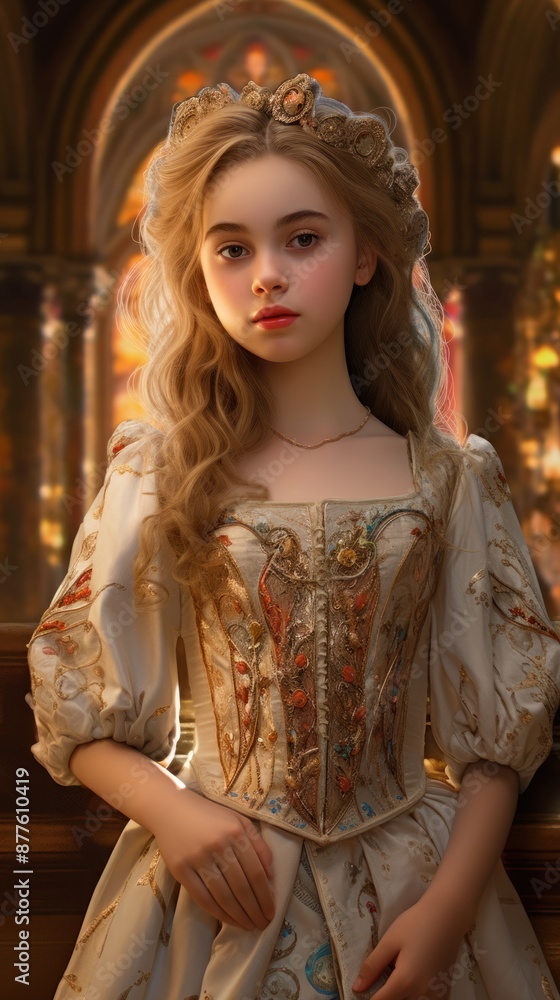A young woman with blond hair and a white dress with gold details stands in the cathedral. On her head is a necklace in the shape of a crown. Her dress is decorated with gold details and red jewels. A young woman with blond hair and a white dress with gold details stands in the cathedral. On her head is a necklace in the shape of a crown. Her dress is decorated with gold details and red jewels.