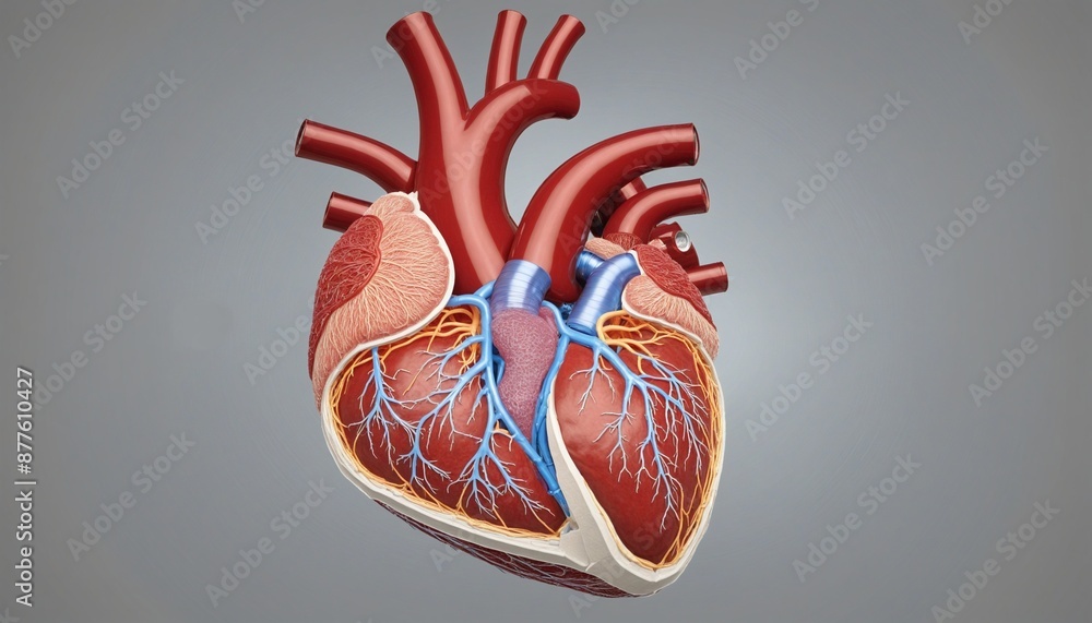 Naklejka premium Exploring the intricate anatomy and health implications of the human heart through a scientific, three-dimensional cross-section illustration