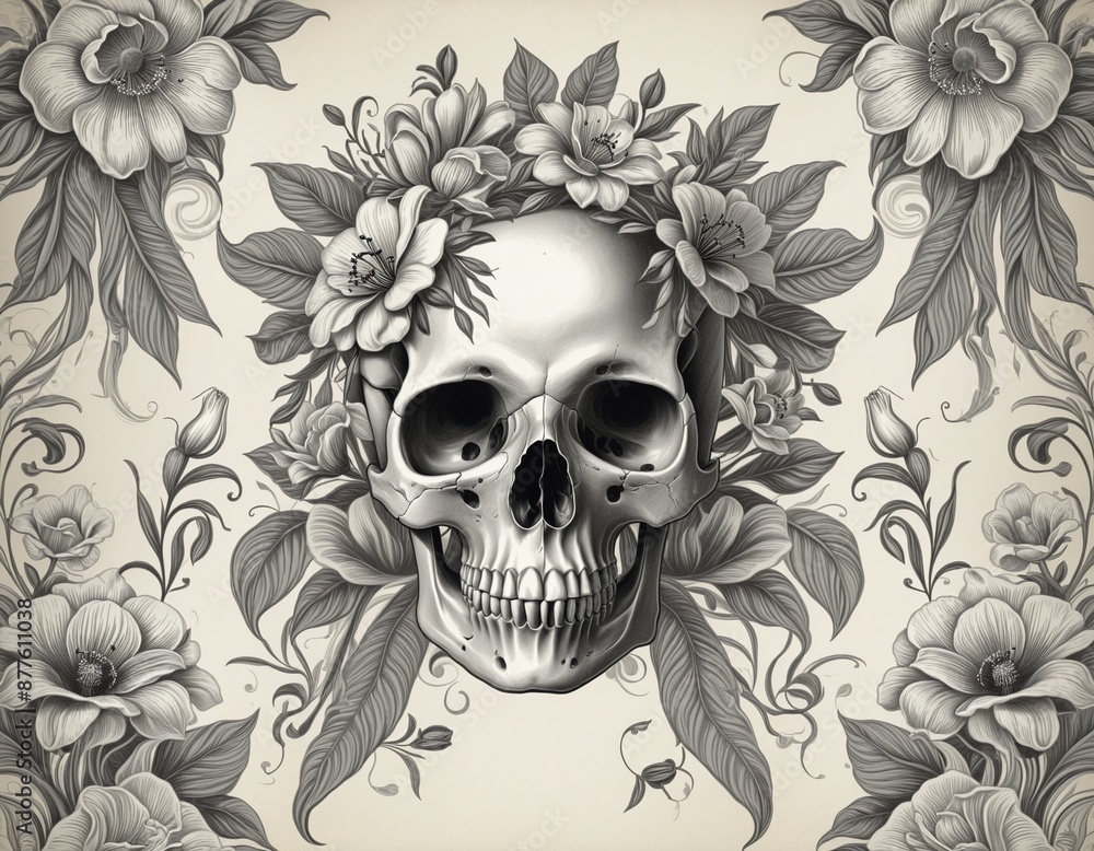 Fototapeta premium Vintage Halloween Graphic: Black Skull and Floral Art Illustration