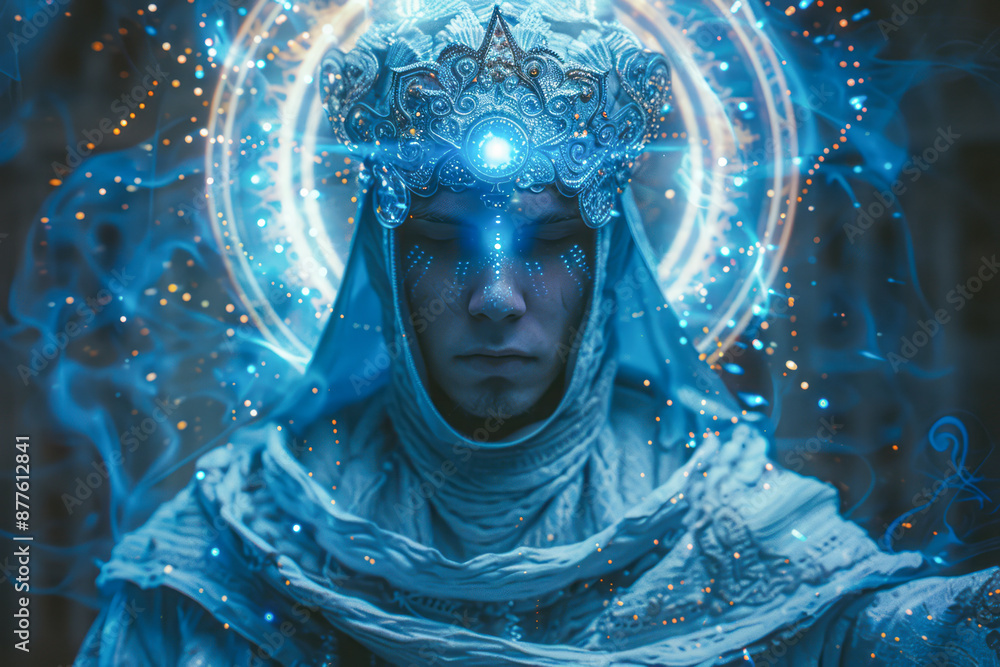 Ultra-realistic Tarot Card Portrait: A Man in Dress and Headpiece with Glowing Light in White and Blue Net Art Ultra-realistic Tarot Card Portrait: A Man in Dress and Headpiece with Glowing Light in White and Blue Net Art