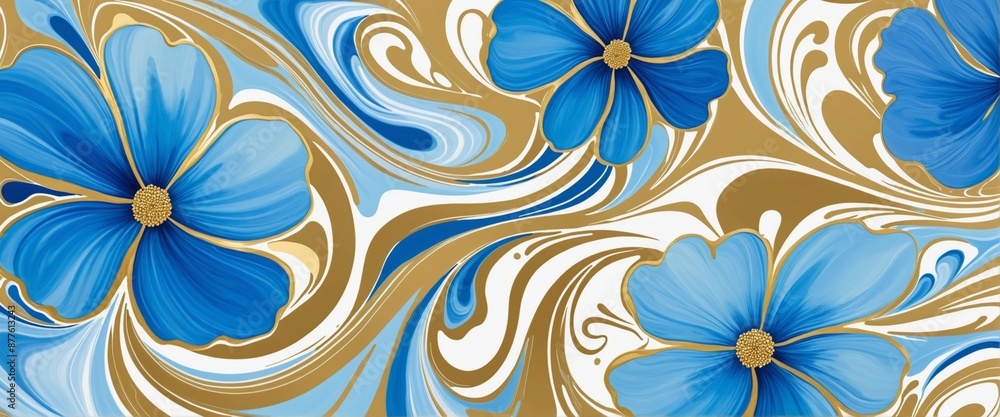 Swirling blue and gold marbled fluid texture with smooth flowing lines of blossom petals on a white background Swirling blue and gold marbled fluid texture with smooth flowing lines of blossom petals on a white background