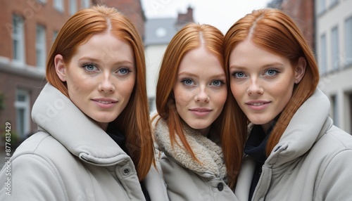 Identical redhead twin sisters with long, ginger hair posing together in stylish winter coats for a closeup portrait outdoors