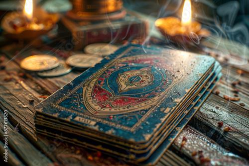 Vibrant Power: A Realistic As of Wands Tarot Card on Wooden Table with Depth of Field