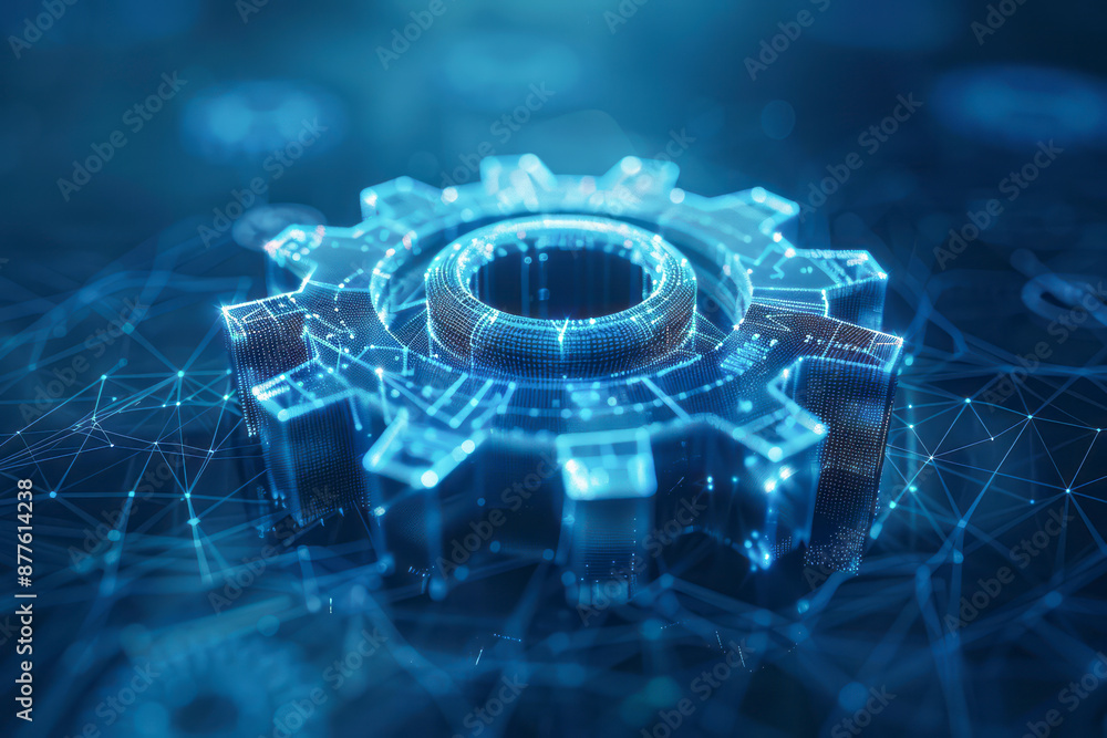 Fototapeta premium 3D Gear Wireframe: Symbolizing Mechanical Technology and Industry Development on a Dark Blue Background