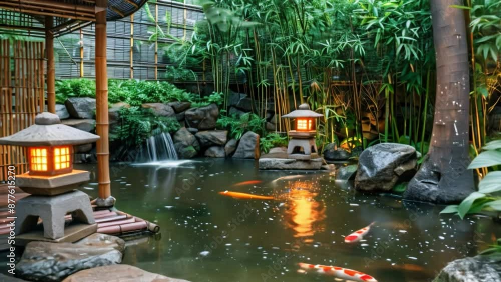 A serene Japanese garden pond with a waterfall, lanterns, and koi swimming. A serene Japanese garden pond with a waterfall, lanterns, and koi swimming.