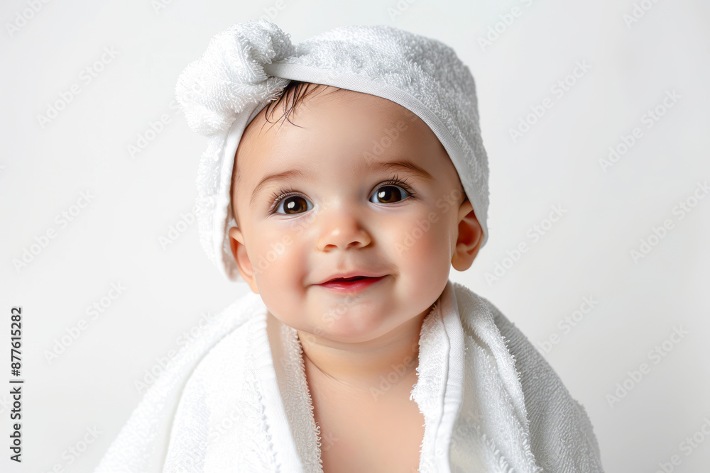 Adorable baby with a towel turban grins on a clean white backdrop Adorable baby with a towel turban grins on a clean white backdrop
