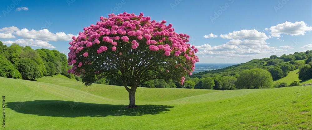 Fototapeta premium Peaceful countryside panorama with lush meadows, blooming flowers, and a charming village nestled beneath forested hills, perfect for a summer-themed banner illustration