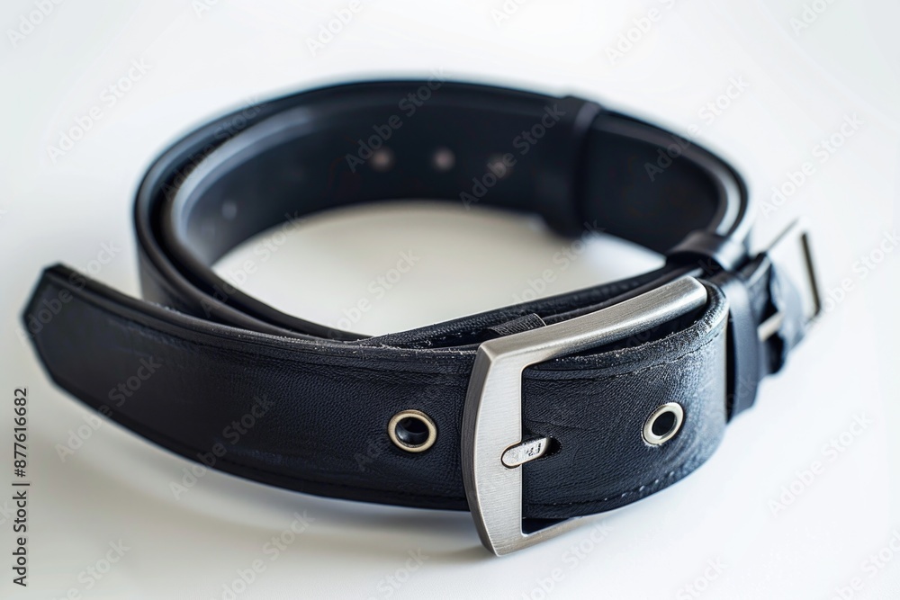 A close-up image of a black leather belt featuring a silver buckle, suitable for fashion and accessories photography A close-up image of a black leather belt featuring a silver buckle, suitable for fashion and accessories photography