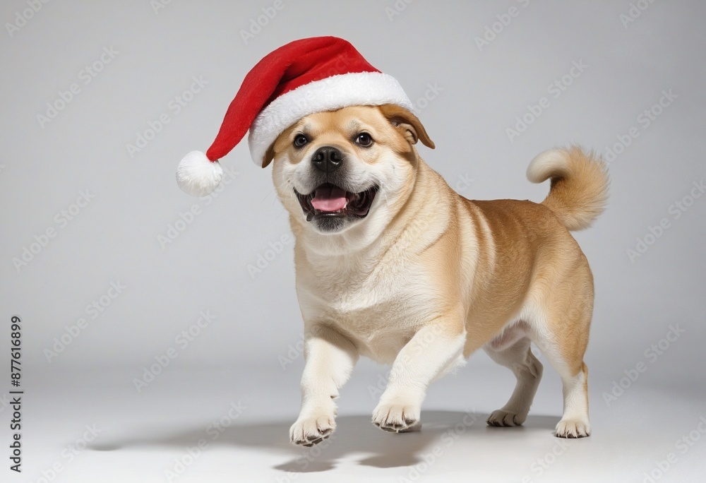 Playful puppy in Santa hat jumping with a Christmas ball in its mouth Playful puppy in Santa hat jumping with a Christmas ball in its mouth