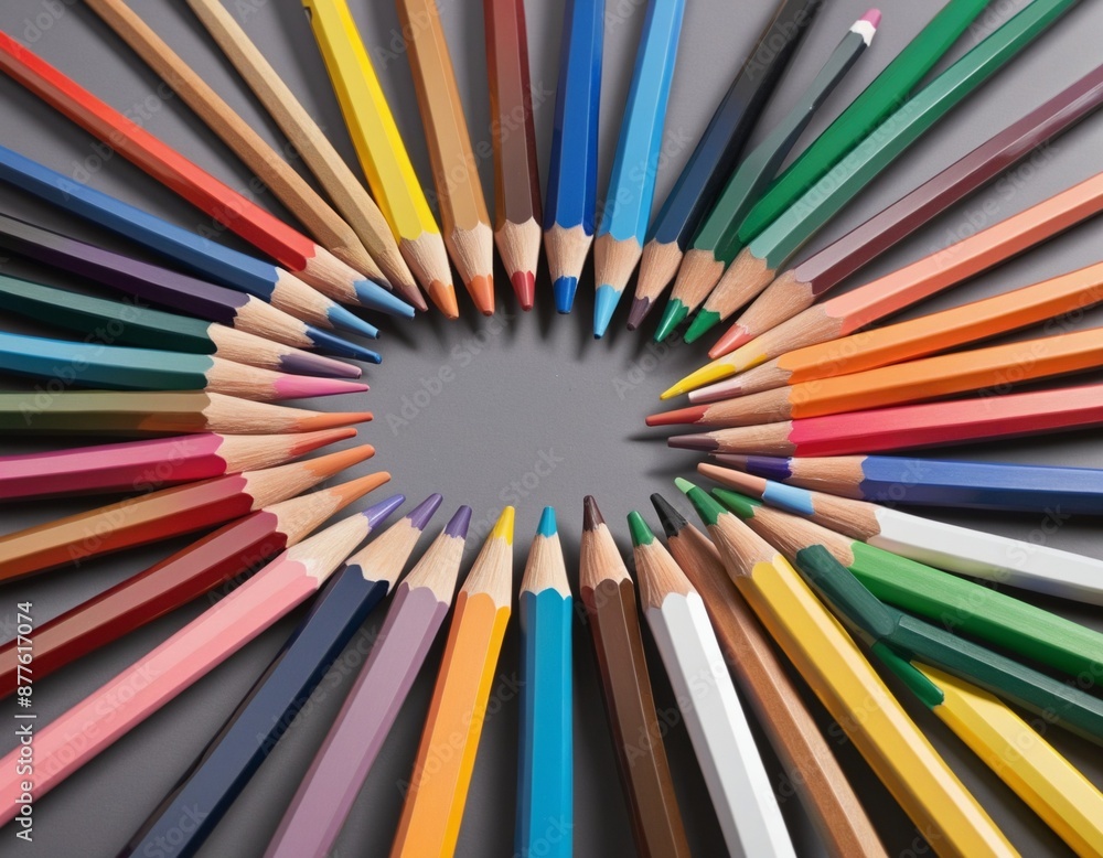 Rainbow colored pencil set with sharp shadows, isolated for design and creativity in school or office Rainbow colored pencil set with sharp shadows, isolated for design and creativity in school or office