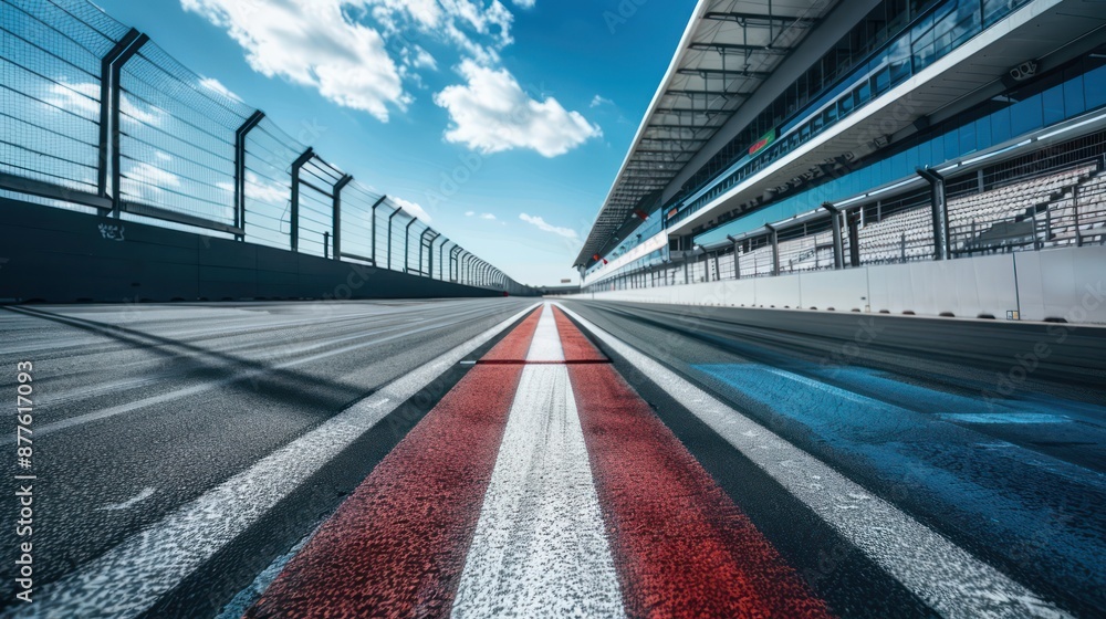 Empty Motorsport Racetrack with Red, White, and Blue Stripes Empty Motorsport Racetrack with Red, White, and Blue Stripes