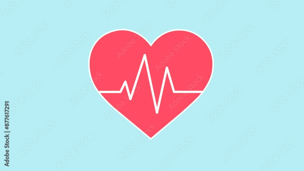 Red heart appearing on screen. White line forming across the heart, symbolizing a heartbeat. Blue background and green screen background. Red heart appearing on screen. White line forming across the heart, symbolizing a heartbeat. Blue background and green screen background.