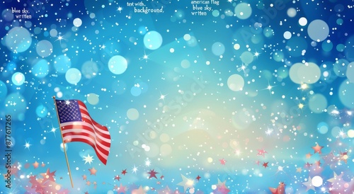 American flag waving against a festive blue sky background with celebratory stars and sparkles