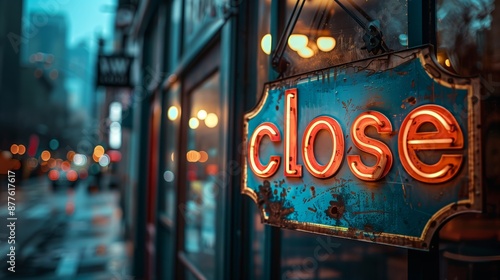 A vibrant red neon sign spelling 'close' stands out against a softly lit, bokeh-filled street scene at dusk.