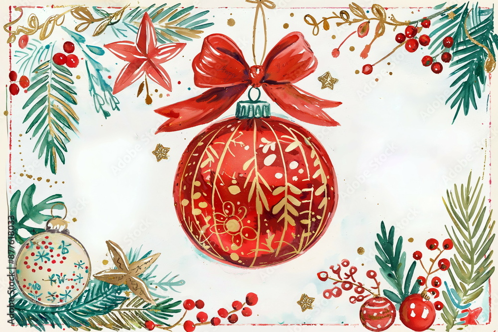 Greeting card with calligraphy lettering  Merry Christmas to you, festive design concept with space for text, in red and green colors, vintage style