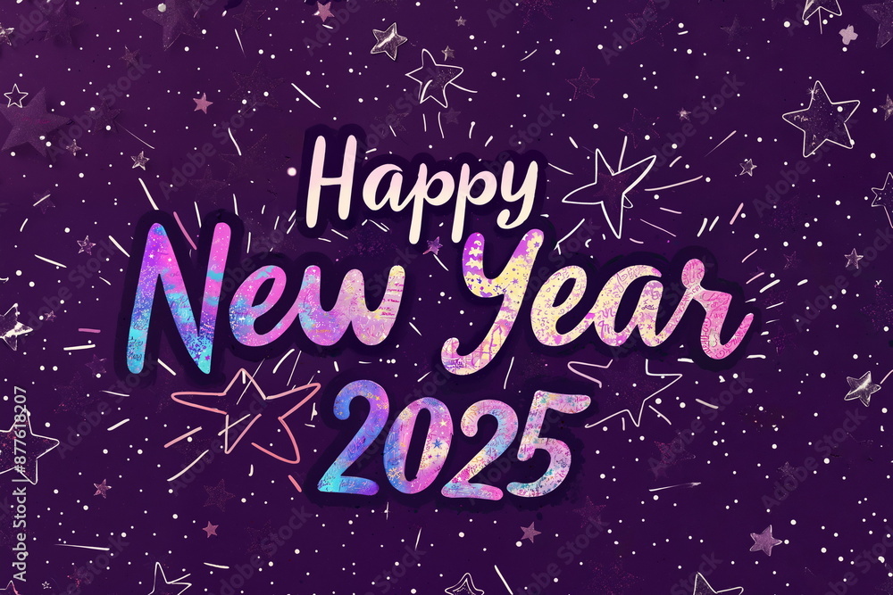 Greeting card with calligraphy lettering Happy New Year 2025 Colorful Celebration, ideal for Holiday Greeting Cards, Party Invitations, Festive Poster on dark background Greeting card with calligraphy lettering Happy New Year 2025 Colorful Celebration, ideal for Holiday Greeting Cards, Party Invitations, Festive Poster on dark background