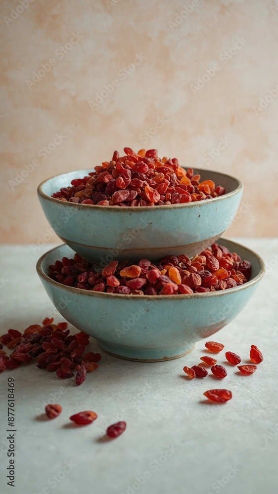 Two blue ceramic bowls stacked with one on top of other, both filled with red goji berries. Bowls sit on white surface with few goji berries scattered around,. Two blue ceramic bowls stacked with one on top of other, both filled with red goji berries. Bowls sit on white surface with few goji berries scattered around,.