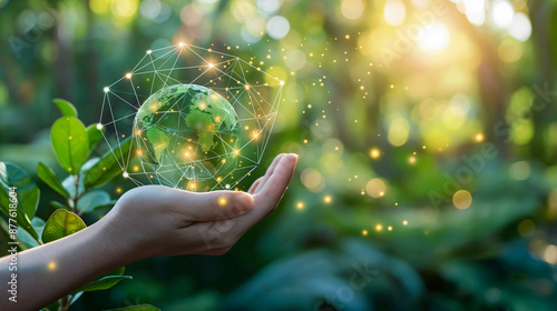 Transparent Globe with Network of Lights in Hands, Symbolizing Global Connectivity and Sustainability