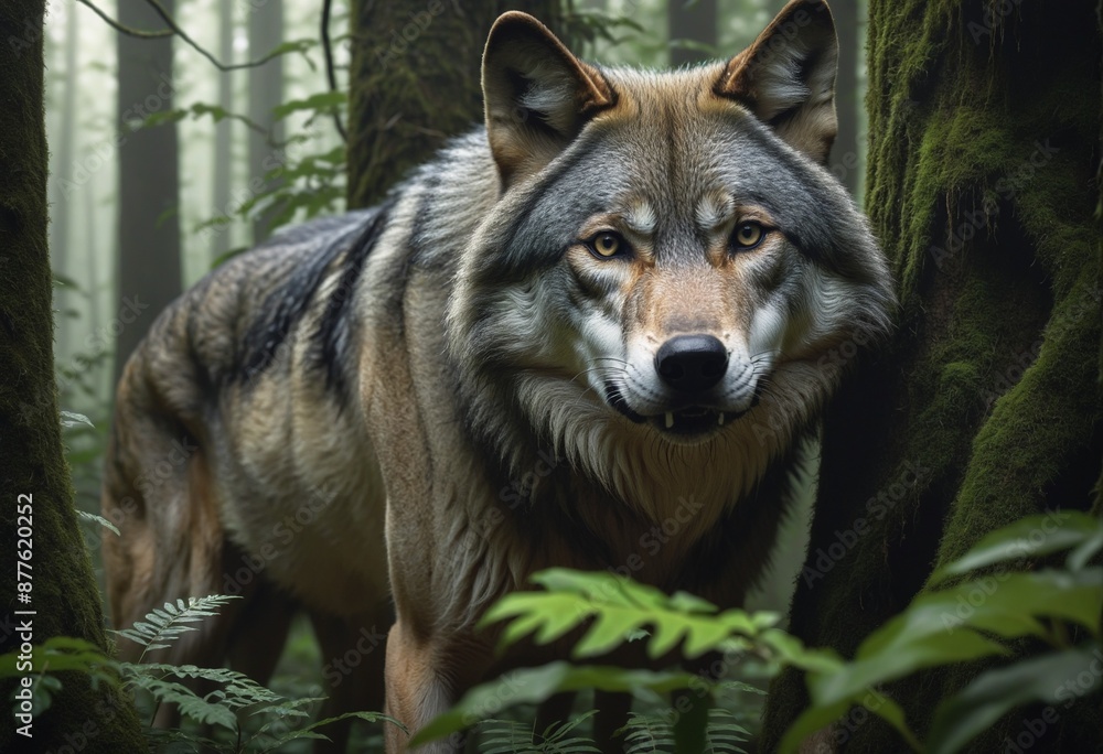 Fototapeta premium Threatened Grey Wolf closeup portrait in the exotic forest, showcasing the fierce beast's powerful nature during the dangerous safari adventure