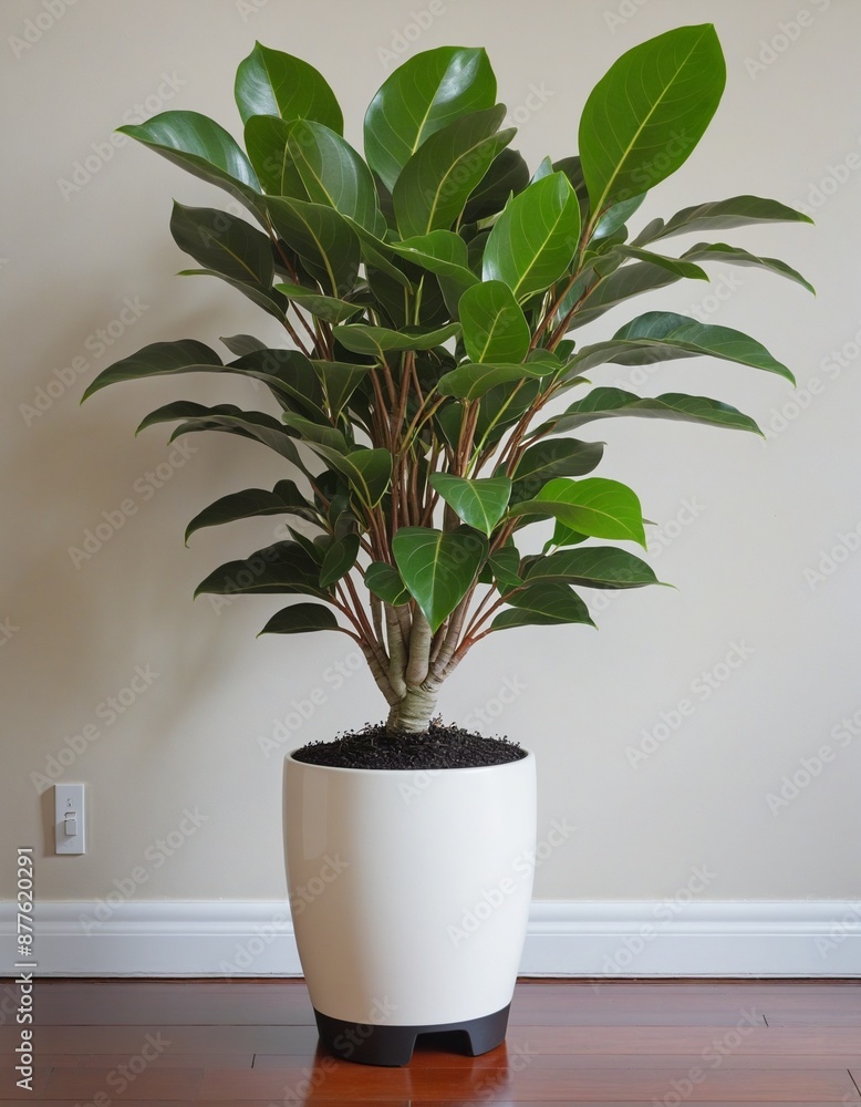 Indoor ficus tree with lush green foliage in a decorative flowerpot, enhancing the botanical decor of a dark interior space Indoor ficus tree with lush green foliage in a decorative flowerpot, enhancing the botanical decor of a dark interior space