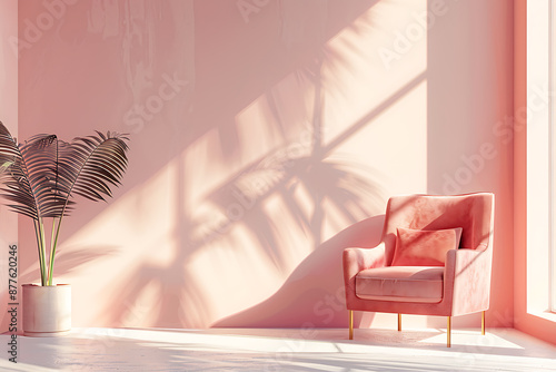 Pink armchair, plant, and sunlight create a minimalist, relaxing, and serene mood for interior design. 
