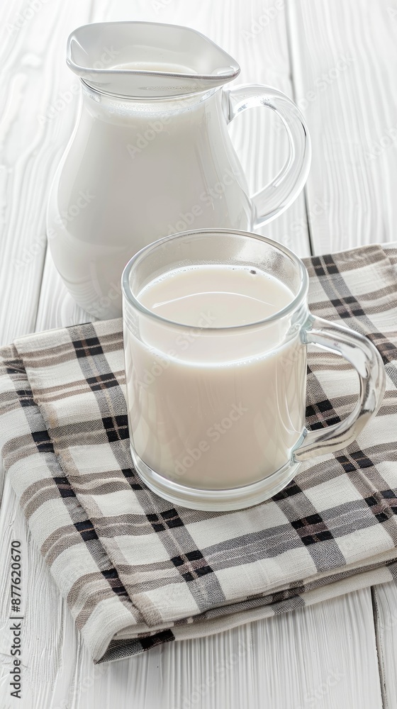 A pitcher and two glasses of eggnog are arranged on a white wooden table, with a checkered napkin underneath them and a sprig of pine needles to the side A pitcher and two glasses of eggnog are arranged on a white wooden table, with a checkered napkin underneath them and a sprig of pine needles to the side