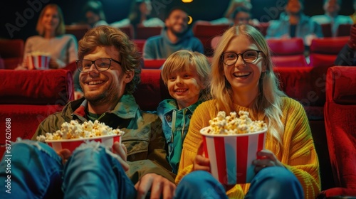 Family Enjoying Popcorn at Cinema