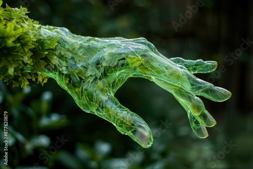 A green hand composed of tree leaves is set against a blurred green background, embodying the concept of environmental conservation and the harmony between humanity and nature.