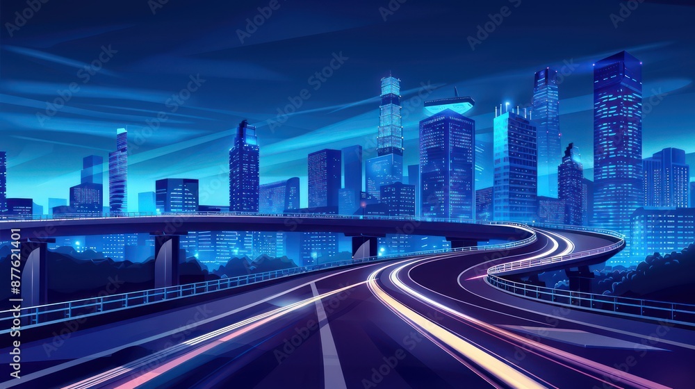Fototapeta premium Futuristic Cityscape at Night with Elevated Highway. Cyberpunk or Sci-Fi Illustration