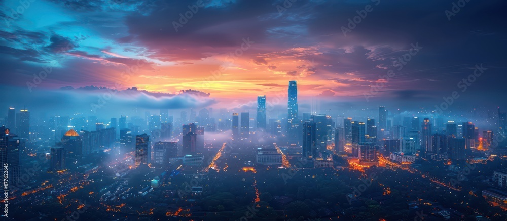 Aerial view of a futuristic cityscape at sunset, with skyscrapers piercing through the clouds and neon lights illuminating the streets. Aerial view of a futuristic cityscape at sunset, with skyscrapers piercing through the clouds and neon lights illuminating the streets.