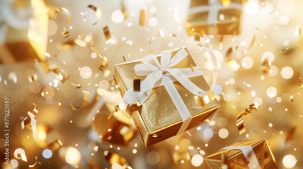 Falling golden gift boxes with white ribbon flying in the air on blurred background of abstract lights, confetti and bokeh Falling golden gift boxes with white ribbon flying in the air on blurred background of abstract lights, confetti and bokeh
