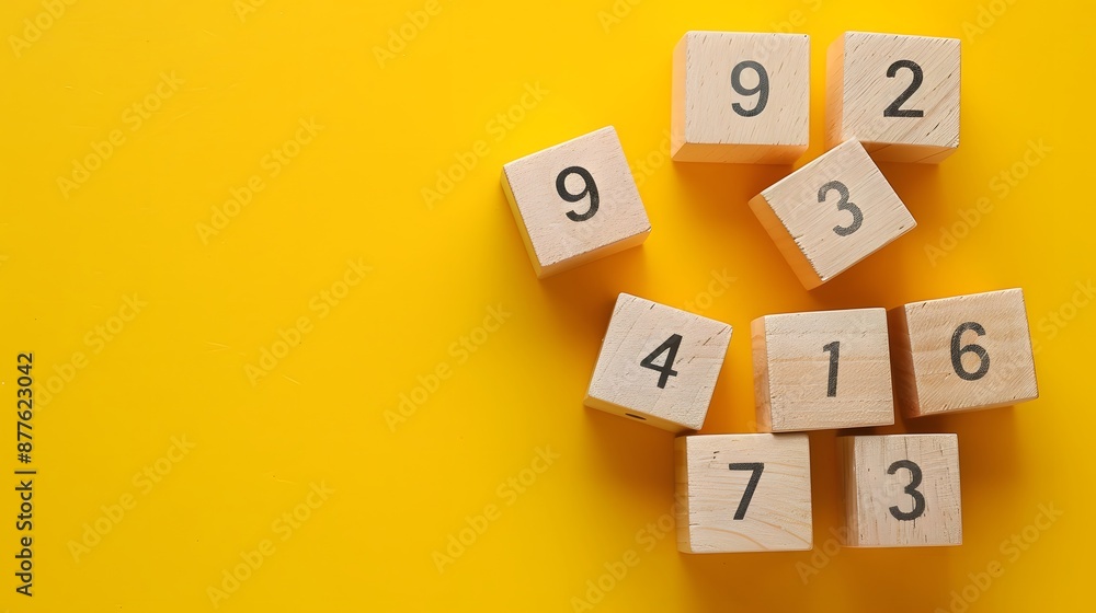 wooden cubes with numbers, yellow background, minimalistic style, stock photo, simple composition, feminine palette. wooden cubes with numbers, yellow background, minimalistic style, stock photo, simple composition, feminine palette.