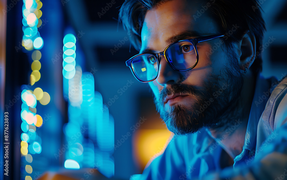 A man with a beard in blue light, focused on his work, late night, digital, technology, and concentration.
A man with a beard in blue light, focused on his work, late night, digital, technology, and concentration.