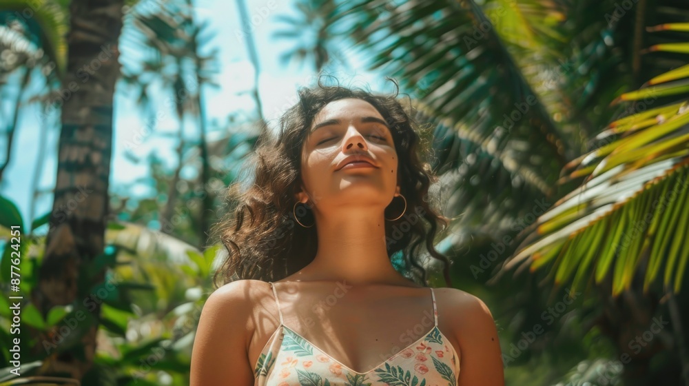 A woman stands in front of a palm tree with a calm and serene expression A woman stands in front of a palm tree with a calm and serene expression