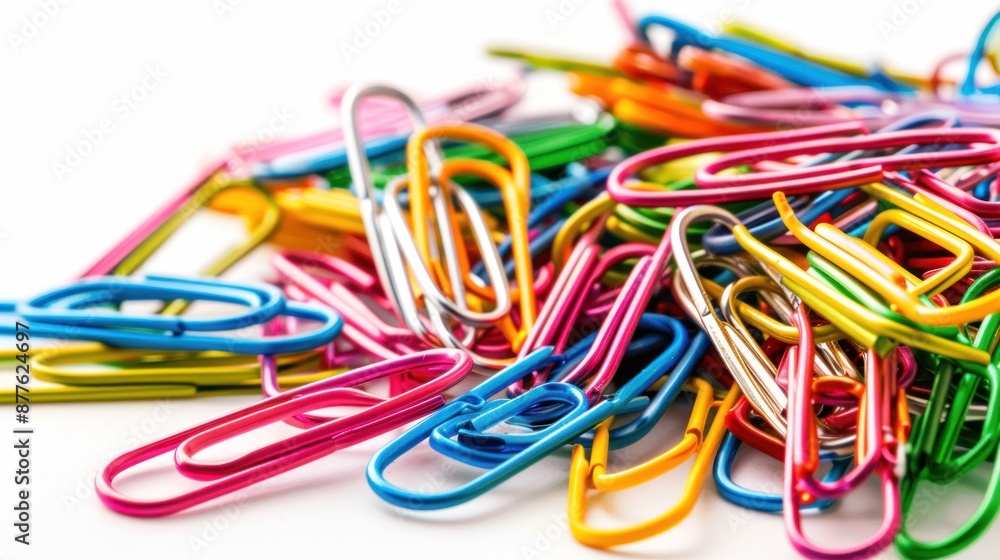 A pile of colorful paper clips with different colors and sizes A pile of colorful paper clips with different colors and sizes