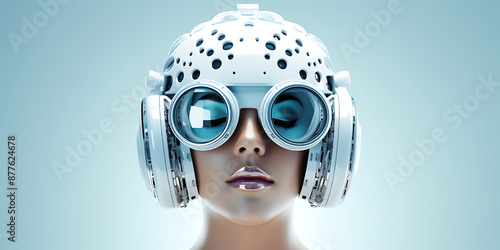 Futuristic woman wearing white headphones and goggles, a symbol of advanced technology.
