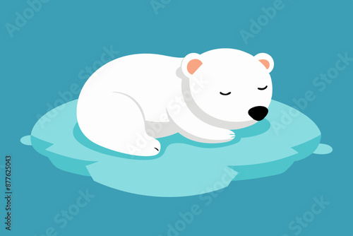  A cute little polar bear cub sleeps on an ice floe in the ocean, vector illustration