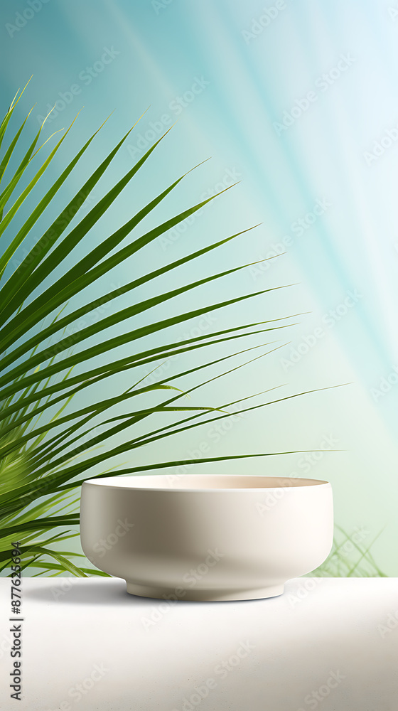 White bowl on a sandy surface with a green palm leaf in the background, creating a minimalist summery aesthetic.
White bowl on a sandy surface with a green palm leaf in the background, creating a minimalist summery aesthetic.