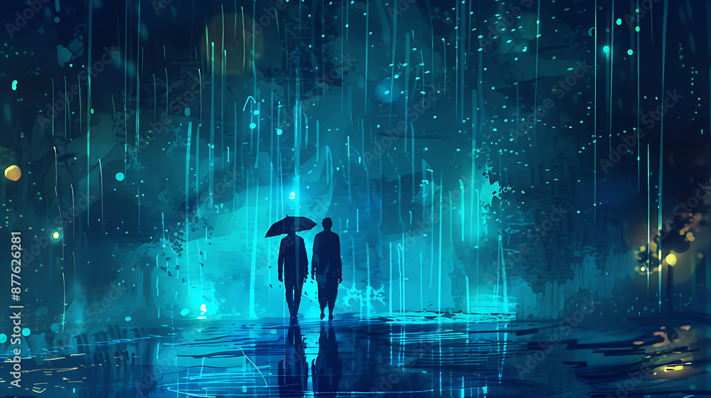 Fototapeta premium Two silhouettes walk under an umbrella in a blue and green, digital, rainy, night cityscape. 