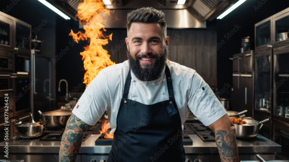 A man with a beard and tattoos standing in front of flames, AI A man with a beard and tattoos standing in front of flames, AI
