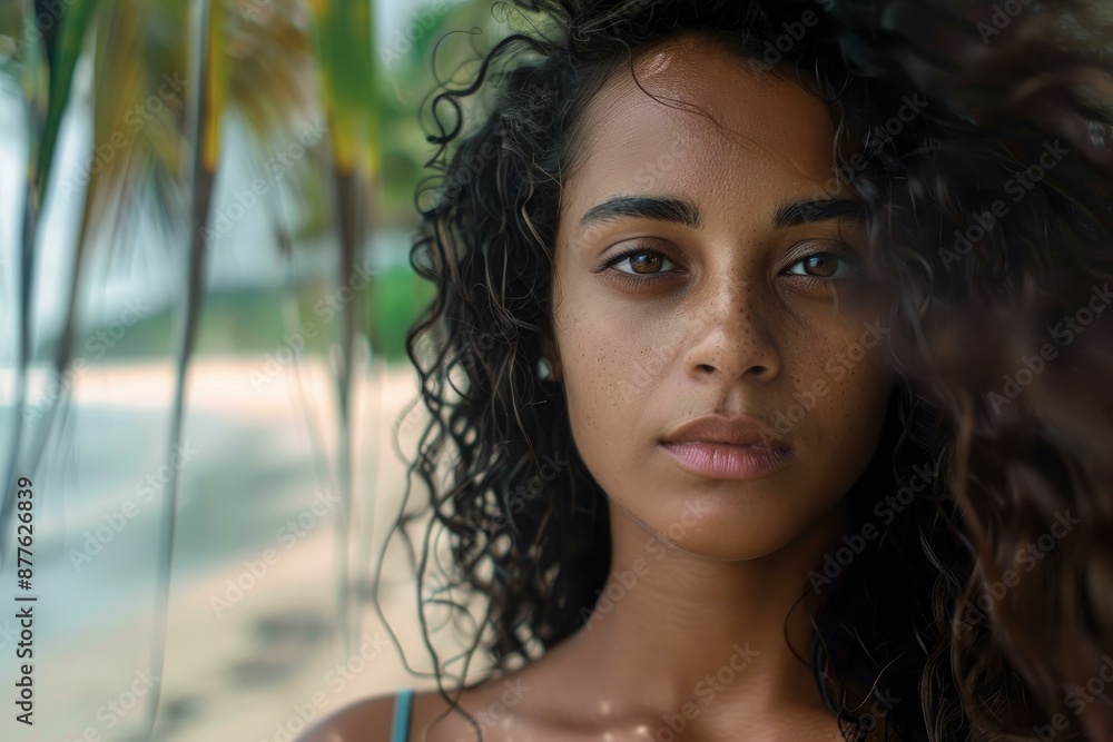 Portrait of a beautiful young woman with curly hair standing on a tropical beach Portrait of a beautiful young woman with curly hair standing on a tropical beach