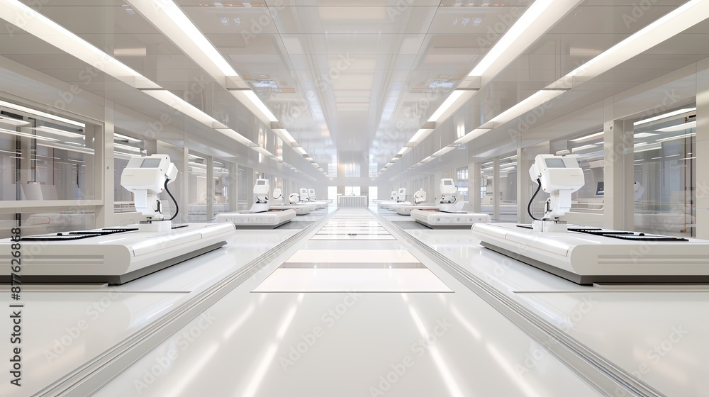 Obraz premium Several white electric delivery vans are parked in a modern warehouse with a box in front of each one
