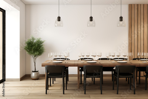 Minimalist dining room with wooden table, black chairs and green plant, perfect for a modern home. 
 photo